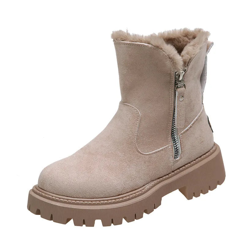 Women's black thick plush high top snow boots with side zipper and round toe on a rubber sole.