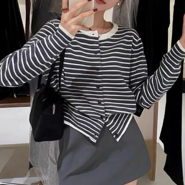 Women's dark grey and white striped viscose cardigan with 40cm short length slim fit