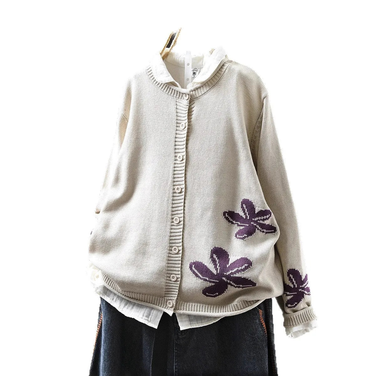 Women's loose retro flower contrasting knit cardigan with button front in khaki, showing long sleeves and floral pattern