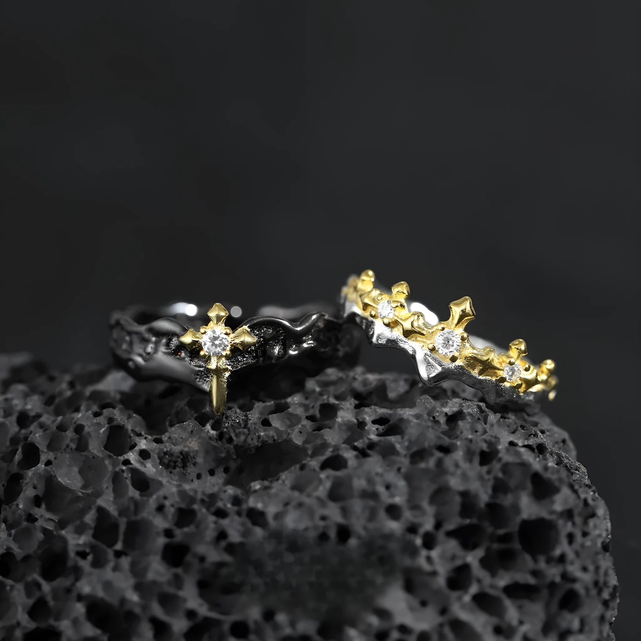 Silver couple ring with princess knight design featuring adjustable opening and electroplated finish options