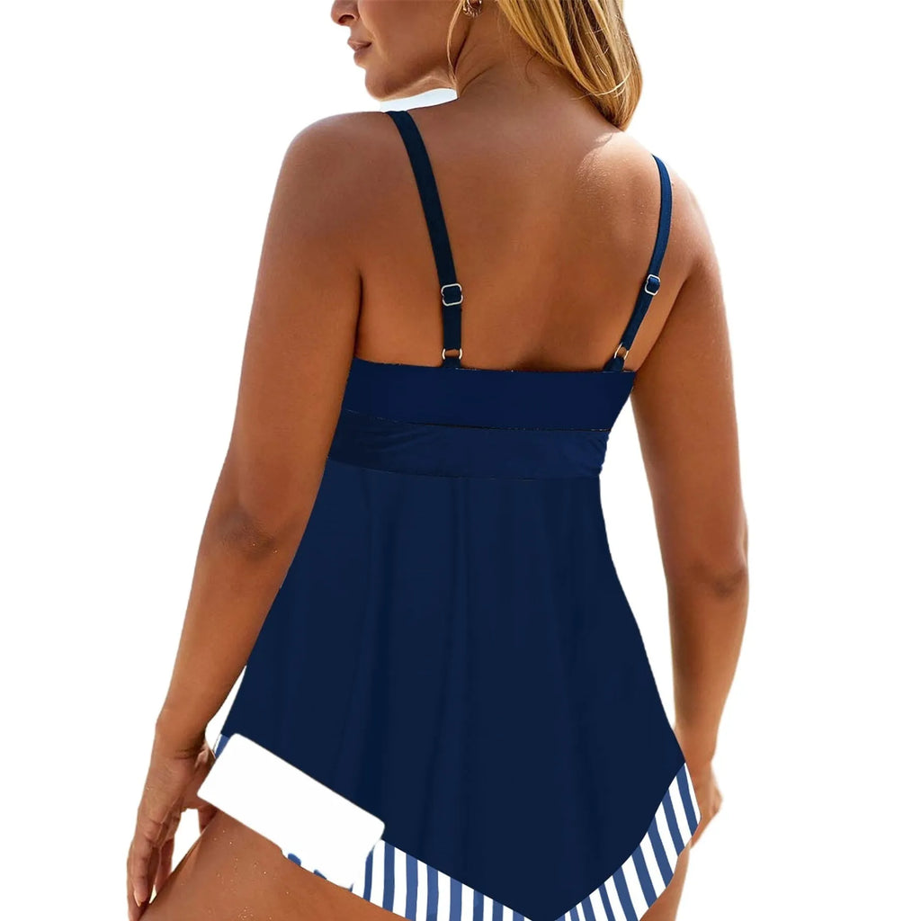 Plus size women's two-piece bikini swimsuit in quick-dry polyester fabric, backless design.