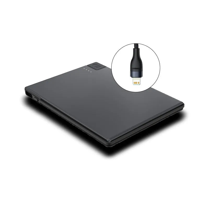 Ultra-thin black portable power bank with built-in cable, 2600mAh to 5000mAh, stainless steel PC TPE shell