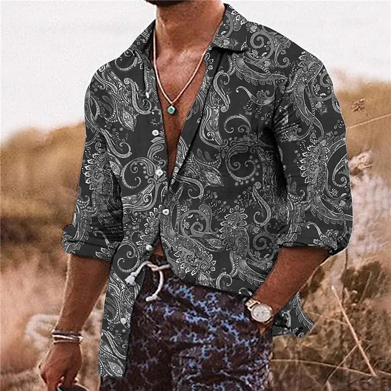 Men's loose fit bohemian shirt with detailed 3D floral pattern printing on polyester fabric