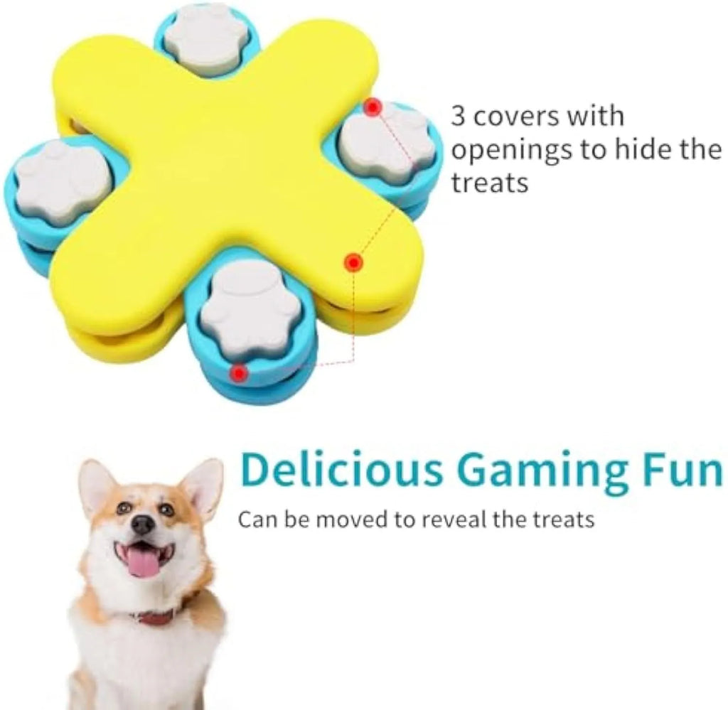 Yellow three-layer rotating dog puzzle feeder with anti-slip rubber pads on base
