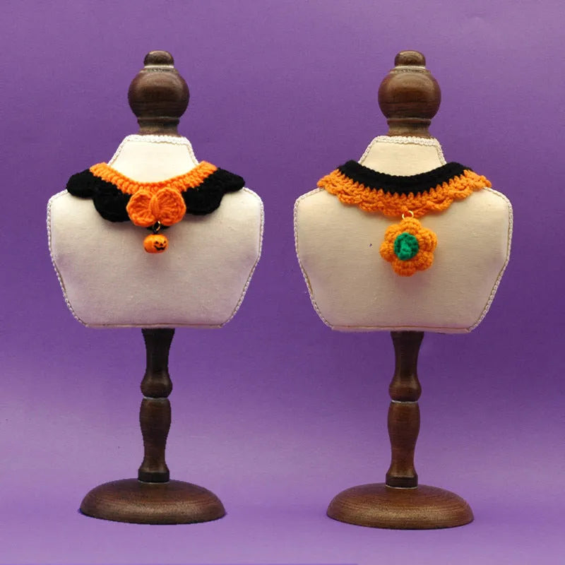 Hand-crocheted wool pet collar in pumpkin colours with adjustable sizing