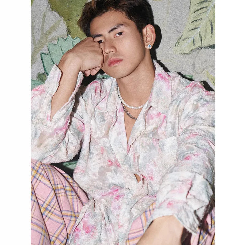 Blue floral long sleeve shirt with embossed three-dimensional pattern in loose fit chemical fibre blend fabric