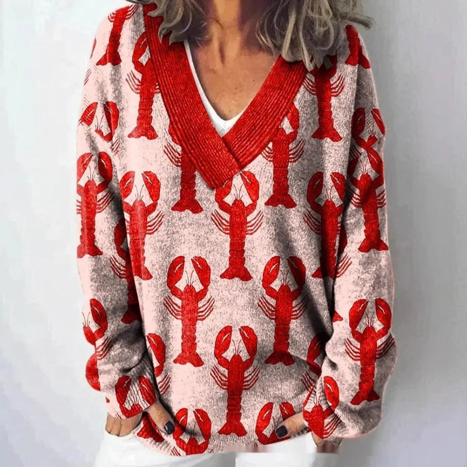 Women's V-neck long sleeve sweatshirt with a detailed 3D floral printed pattern in a retro style.