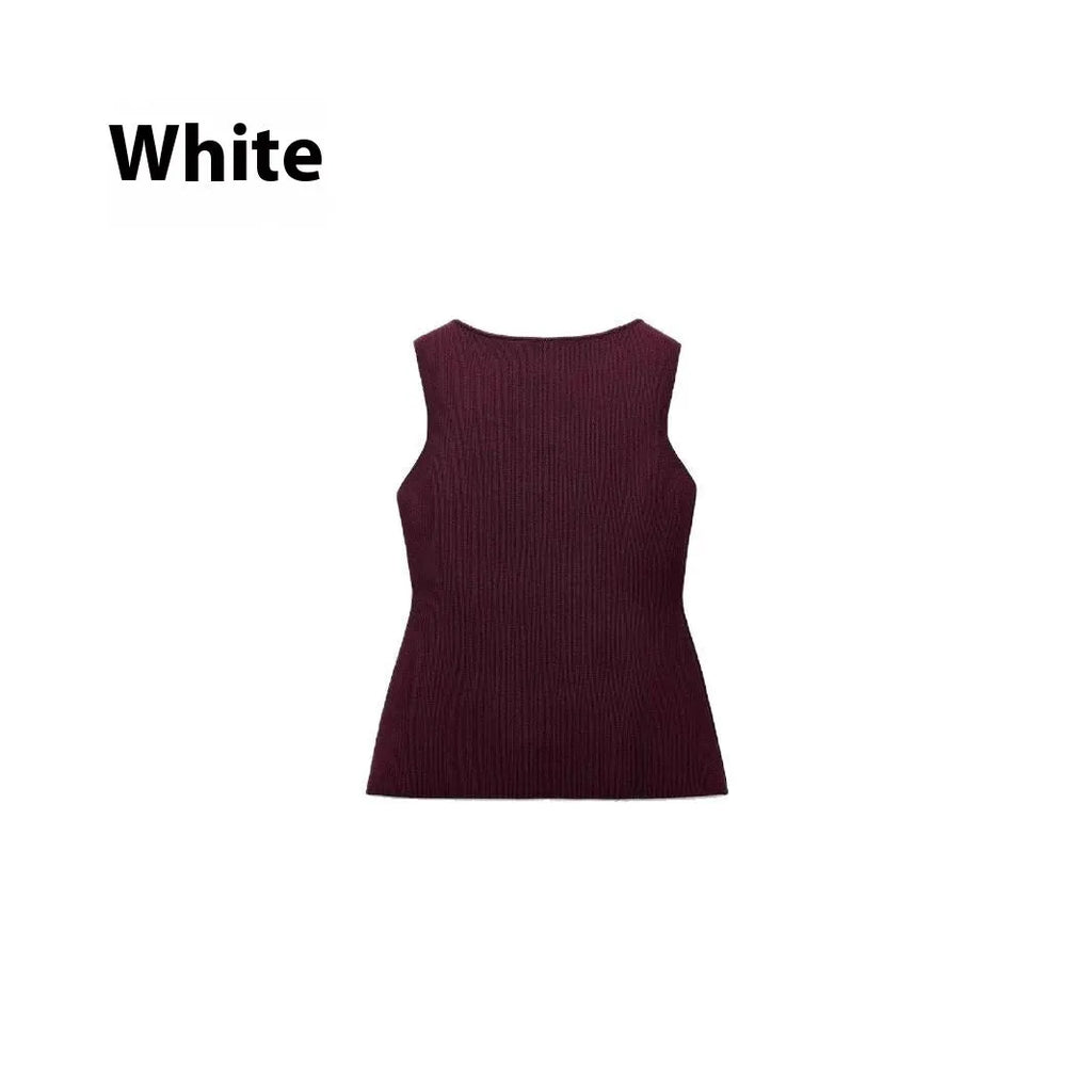 Women's dark red slim-fit sleeveless sweater vest with gold buttons and a 3D pattern on the fabric.