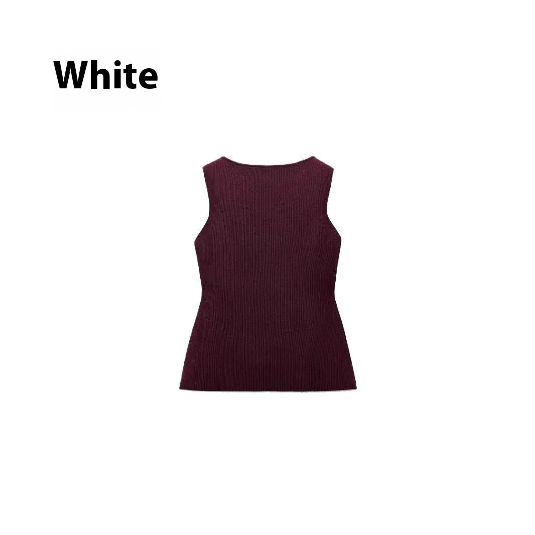 Women's dark red slim-fit sleeveless sweater vest with gold buttons and a 3D pattern on the fabric.