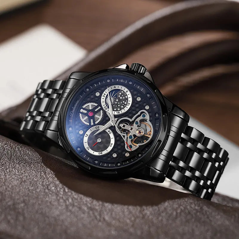 Men's waterproof automatic watch with luminous markers on a steel bracelet and a black dial.