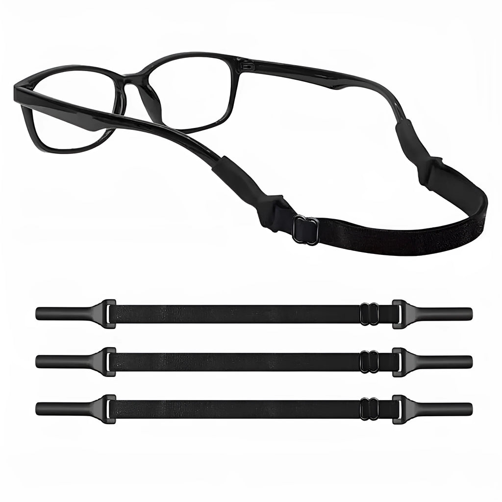Black adjustable glasses cord with silicone earpiece ends on eyewear
