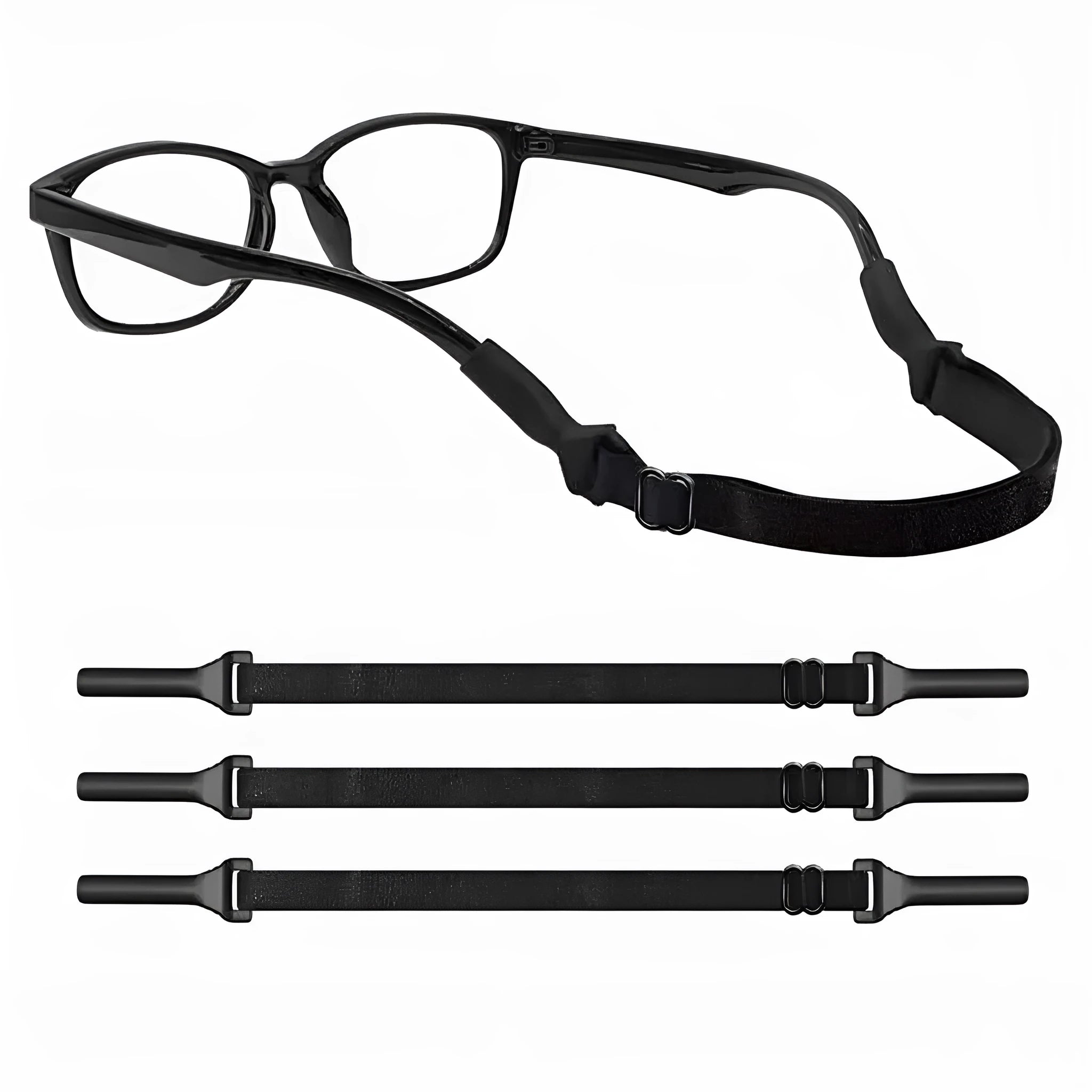 Black adjustable glasses cord with silicone earpiece ends on eyewear
