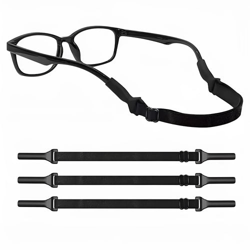 Black adjustable glasses cord with silicone earpiece ends on eyewear