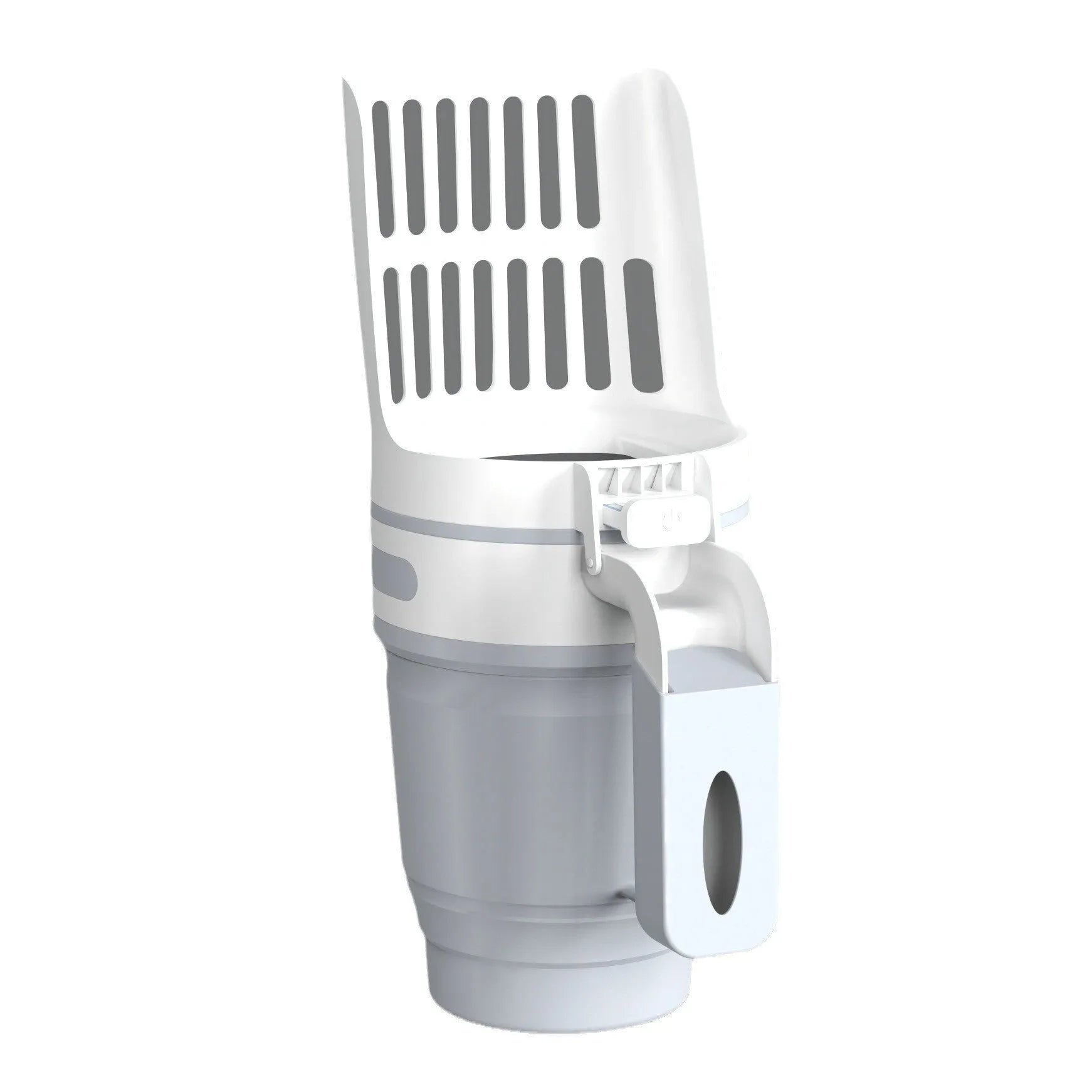 Grey foldable cat litter scoop with attached waste bin and lid