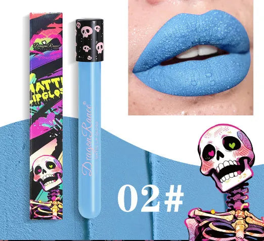 Halloween creative makeup lip gloss in skull-shaped test tube with retro matte gold and silver shades.