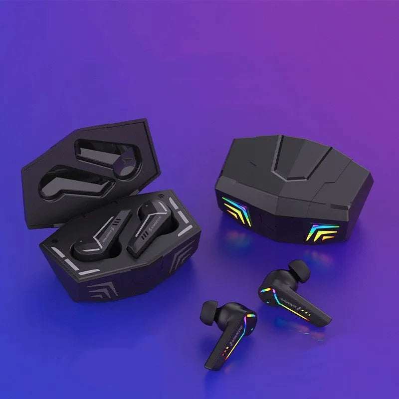 Black TWS Bluetooth gaming headset with low latency and NFC pairing features