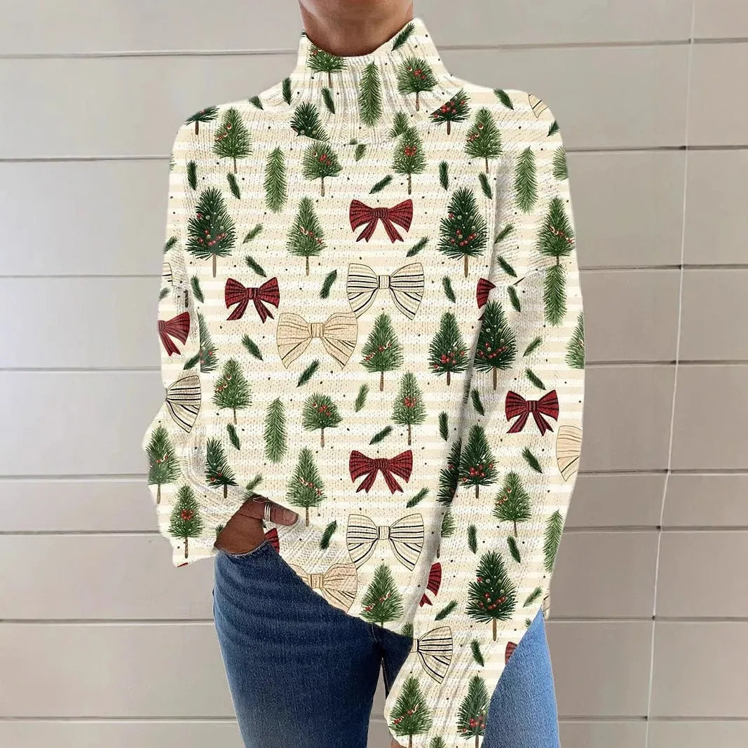 Women's Christmas printed turtleneck pullover sweater in loose casual style with long sleeves