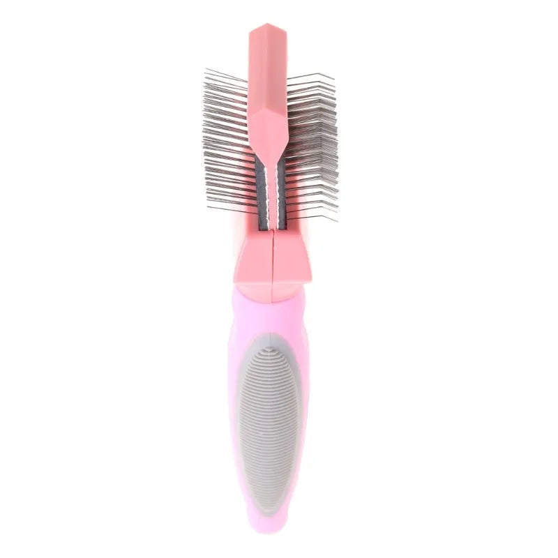 Double-sided pet brush with stainless steel pins and ABS plastic handle in blue or pink colour options
