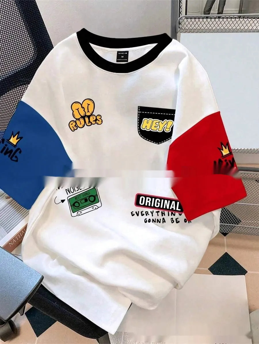Men's loose fit casual t-shirt with digital printed letter pattern on polyester fabric.