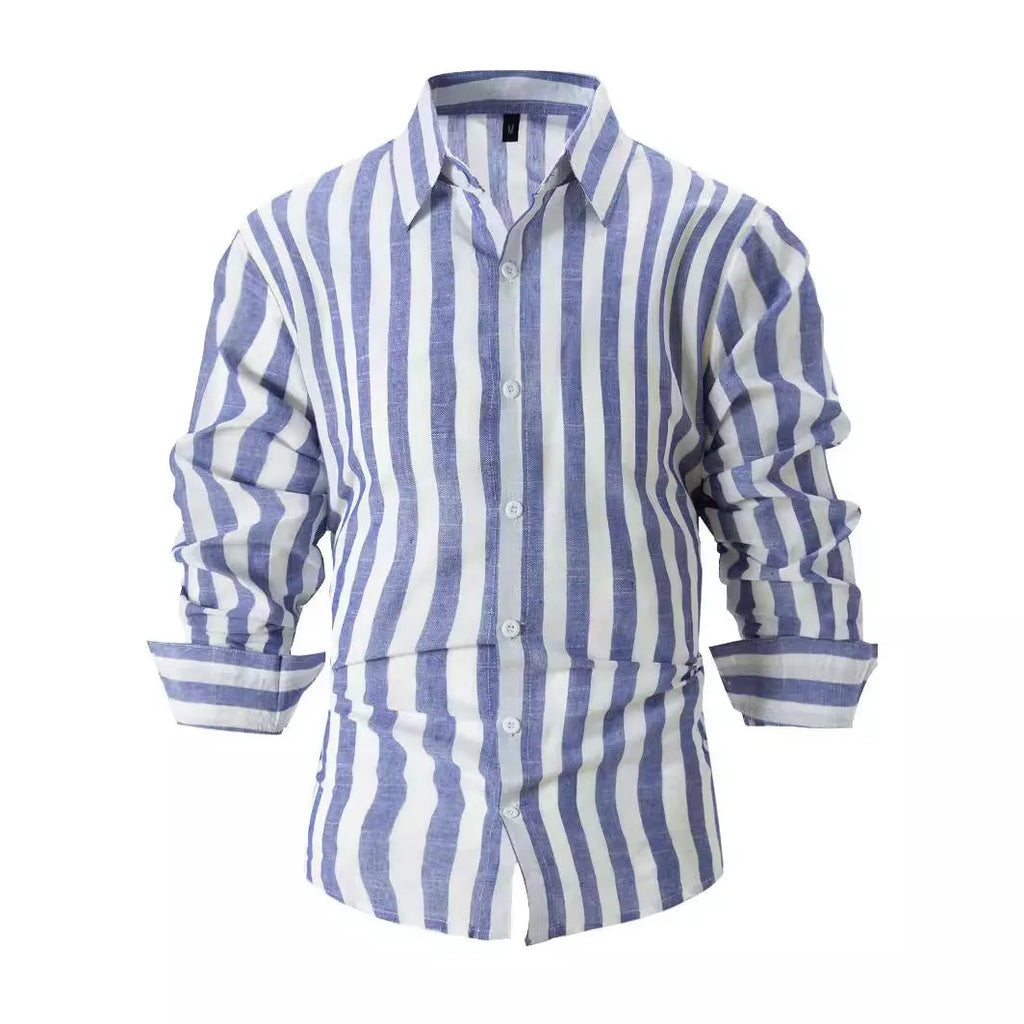 Men's loose-fit striped long-sleeved casual shirt in a light grey colour, showing cardigan style.