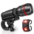 Bicycle headlight and red taillight set shown with a black mounting bracket on a handlebar.