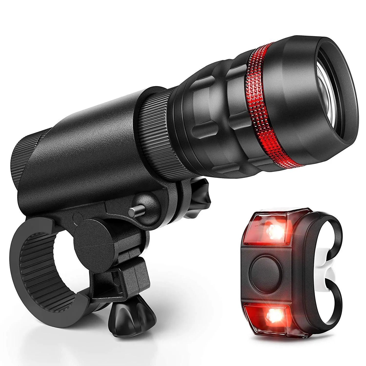 Bicycle headlight and red taillight set shown with a black mounting bracket on a handlebar.