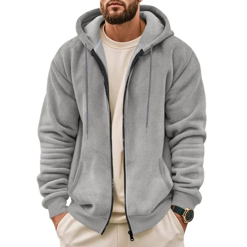 Men's fleece lined zippered hooded sweatshirt cardigan in military green on a model, front view, long sleeves, zip front