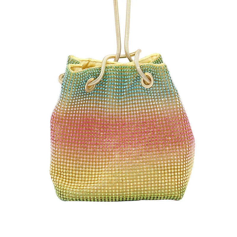 Rainbow rhinestone bucket handbag with glittering multicolour sparkle and crossbody strap