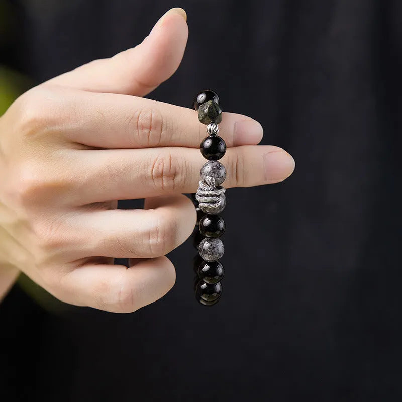S925 sterling silver men's bracelet with obsidian black hair crystal and retro snake birth year design