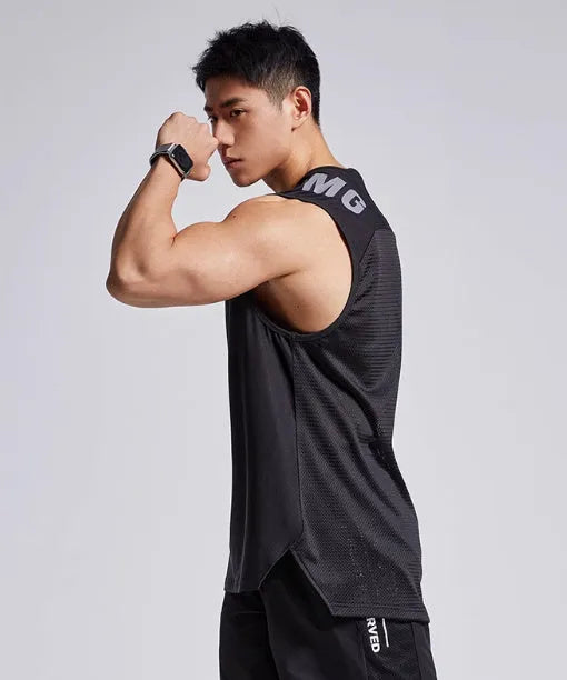 Men's black mesh sports vest with breathable fabric for summer fitness activities