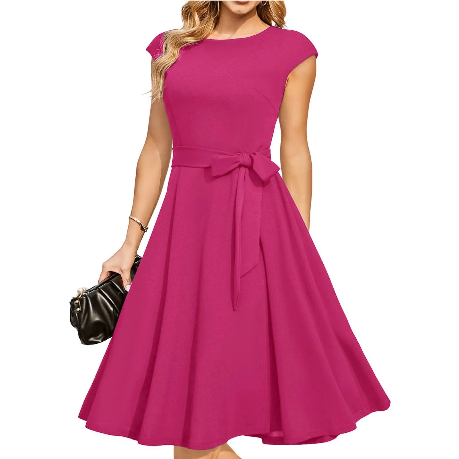 Sleeveless black midi dress with lace-up waist detail and a full swing skirt.