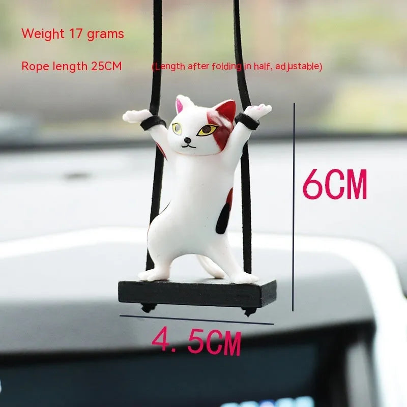 Cartoon-style resin cat pendant on adjustable rope for car interior decoration