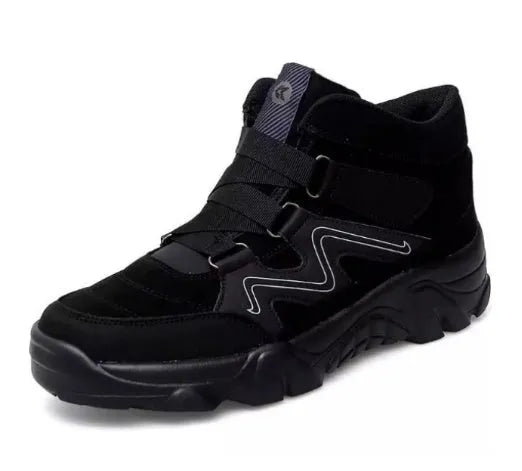 Men's black leather lace-up walking shoes with thick rubber soles