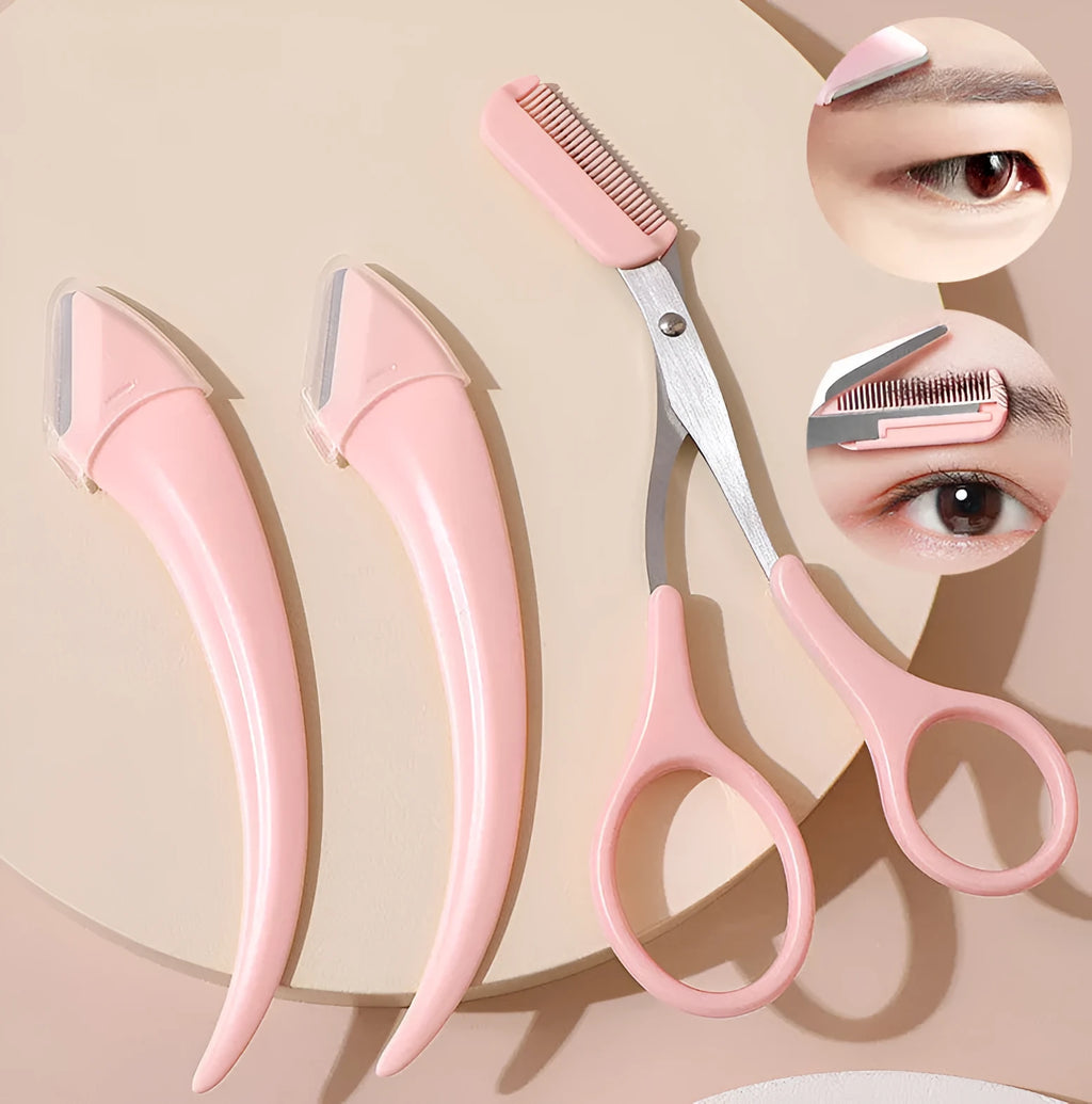 Curved moon eyebrow trimming knife with comb in white plastic and stainless steel for brow shaping