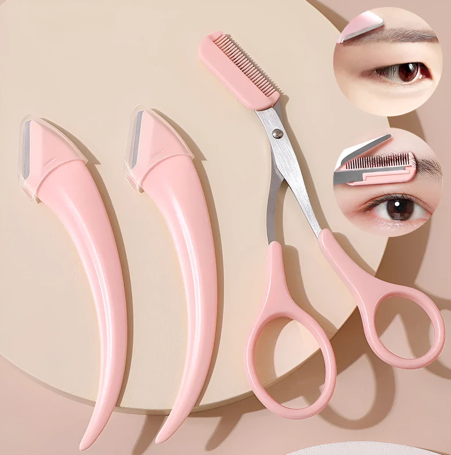 Curved moon eyebrow trimming knife with comb in white plastic and stainless steel for brow shaping