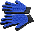 Blue pet grooming gloves with silicone tips for dog and cat hair removal and massage