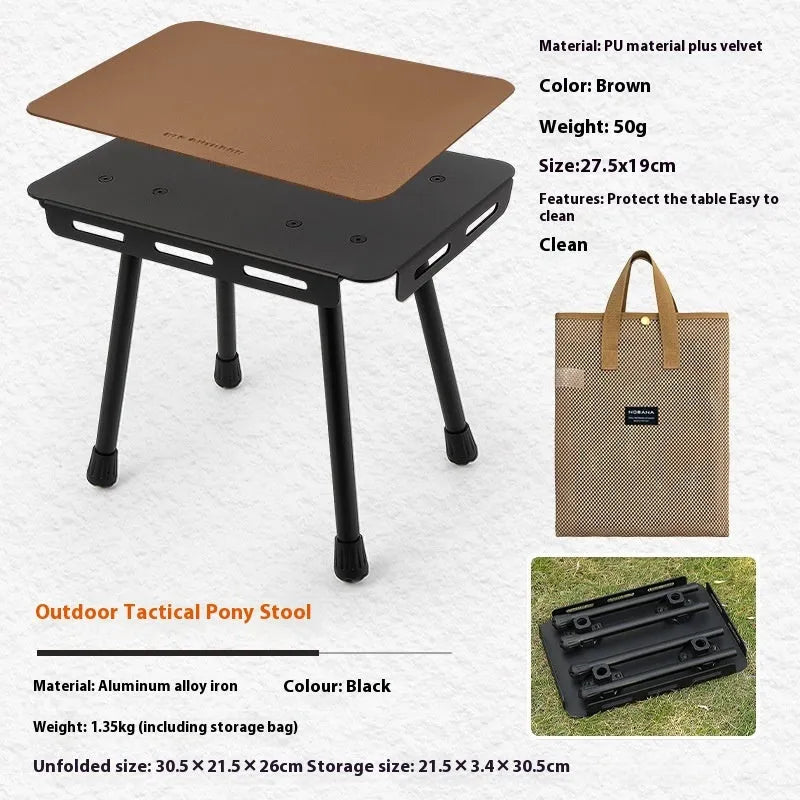 CLS aluminium dual-use folding camping stool shown extended as a table and folded with its carry bag.