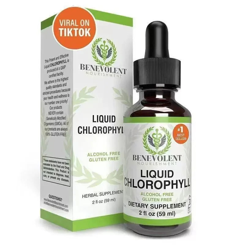 60ml bottle of liquid chlorophyll drops for body odour control and intestinal care supplement
