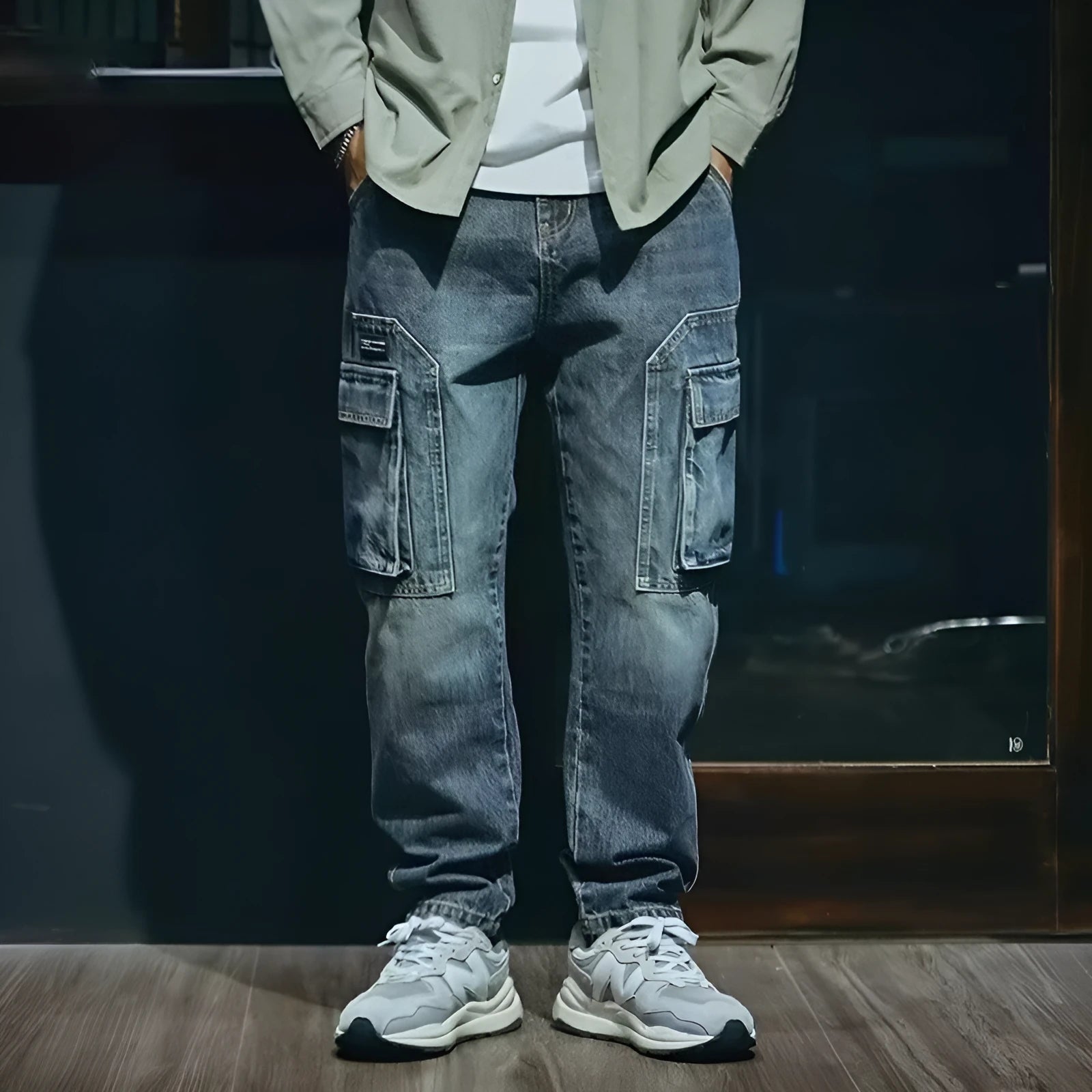 Men's blue loose straight-leg stretch denim trousers with elastic waistband and zip fly placket