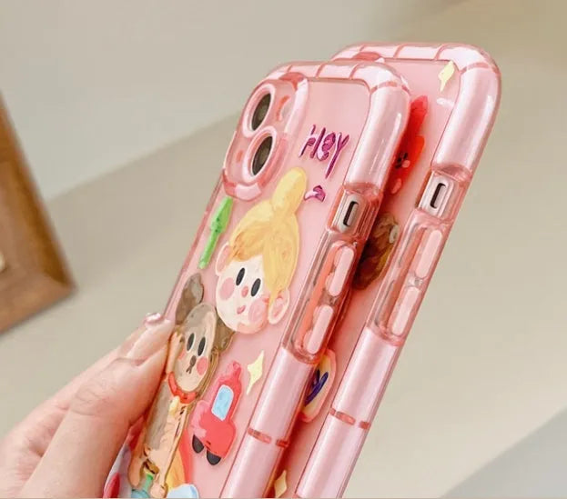Cute oil painting dog phone case in pink with rainbow bear design for Apple iPhone
