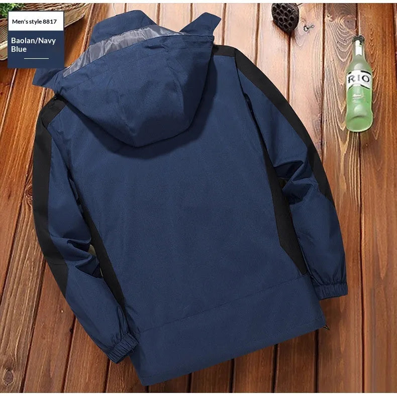 Men's solid colour polyester fibre waterproof windbreaker jacket in black shown front view, suitable for hiking and camping