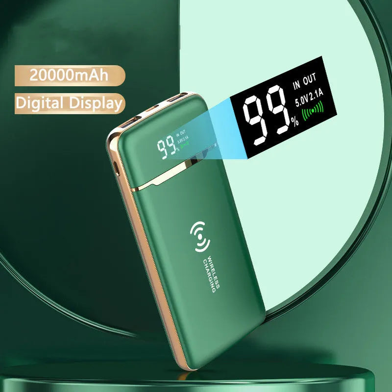 Gold-plated portable power bank with 20000mAh capacity, multi-USB output, plastic case in classic black