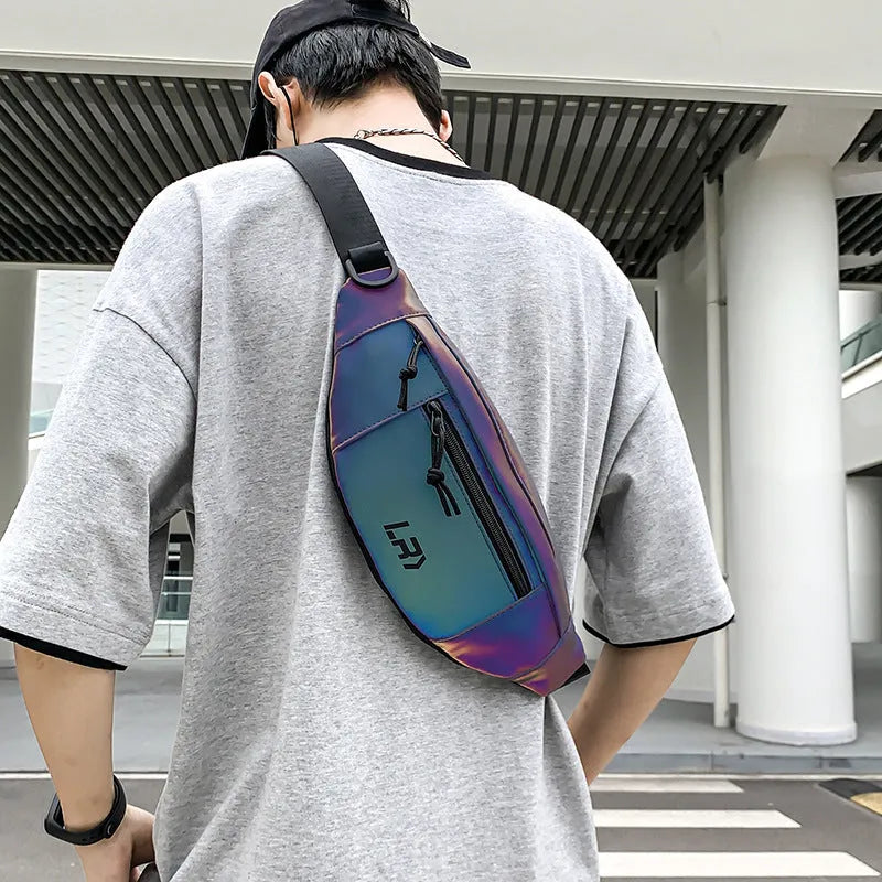 Blue crossbody cycling shoulder bag with reflective panel and open pocket design