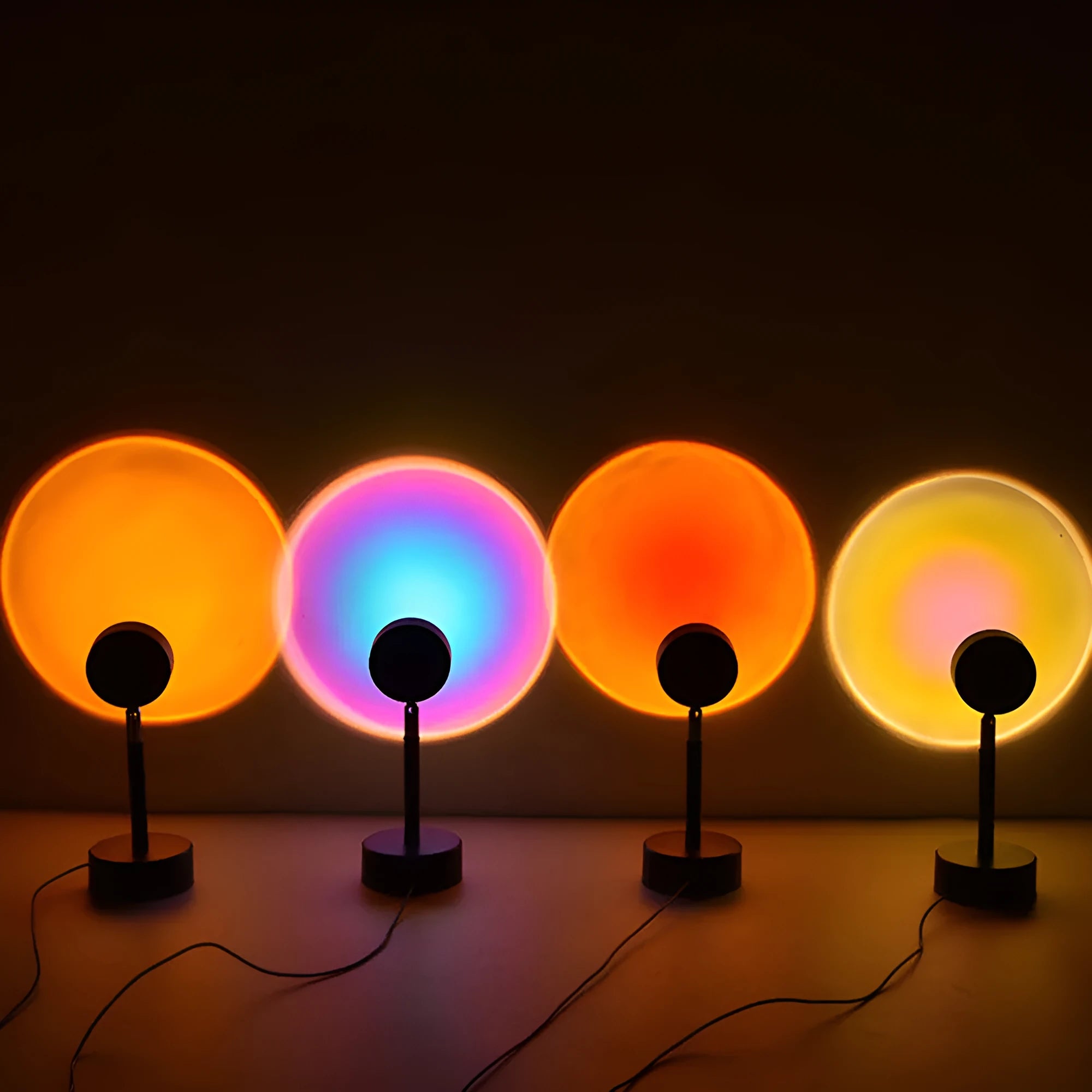 WiFi LED sunset projector light with 16 RGB colours, 360° rotation, glass lampshade, and touch switch
