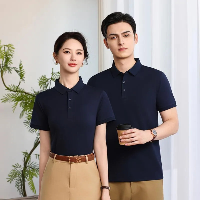 Lapel polo shirt for men and women in Light Blue colour, short sleeve, 100% polyester fabric with side slit