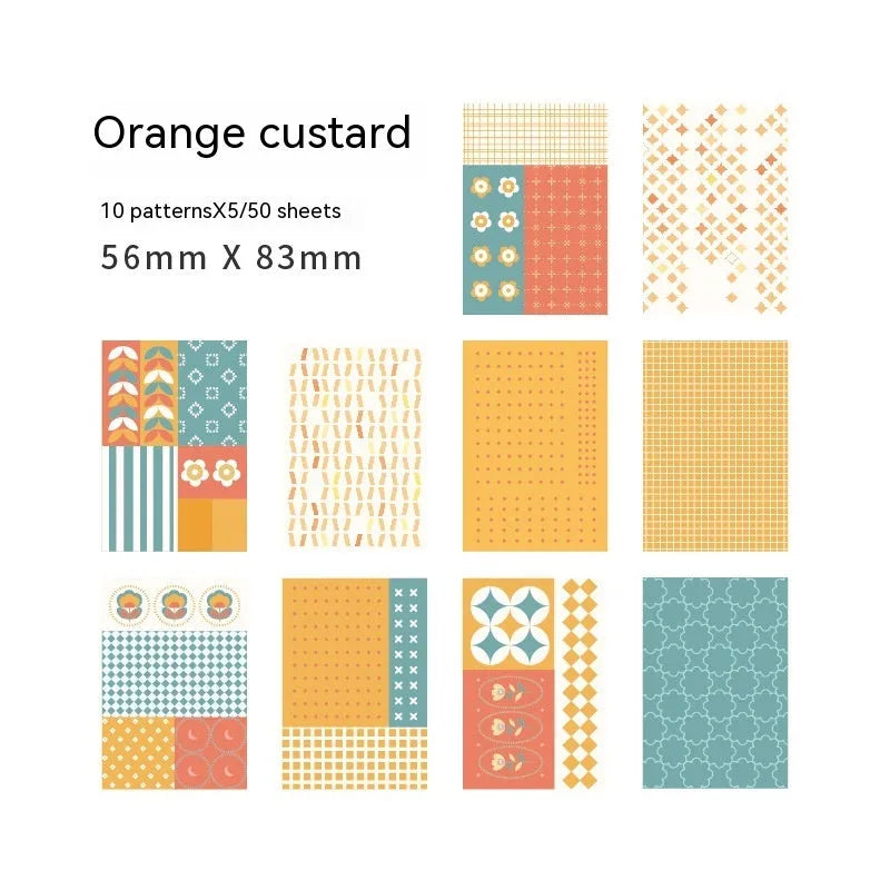 Pack of 50 retro dessert-themed collage note papers in ten colours including caramel puff and blueberry wood sauce.