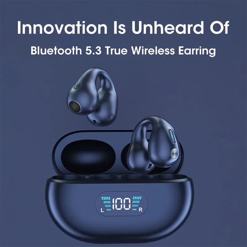 Clip-on bone conduction Bluetooth headset in black, white, or khaki colour with charging cable.