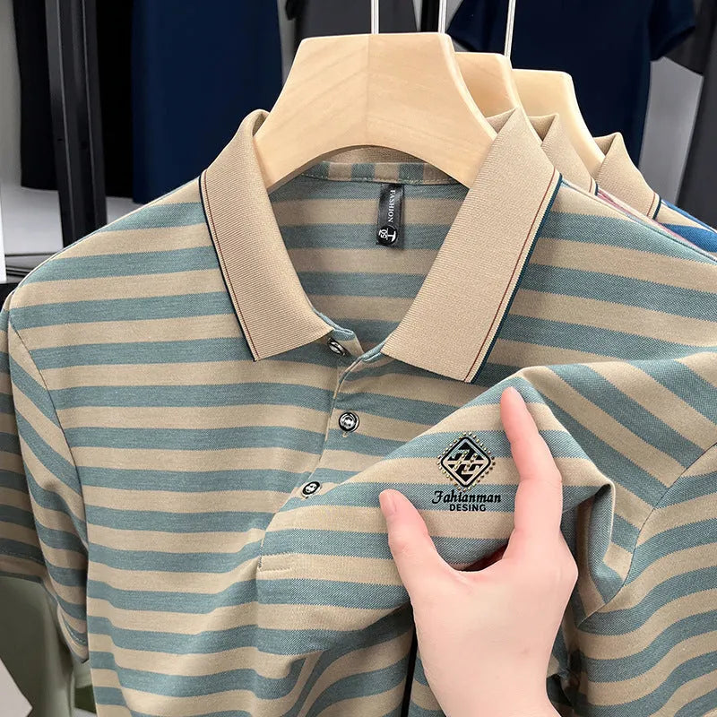 Men's striped casual t-shirt with mosaic pattern detail on short sleeves