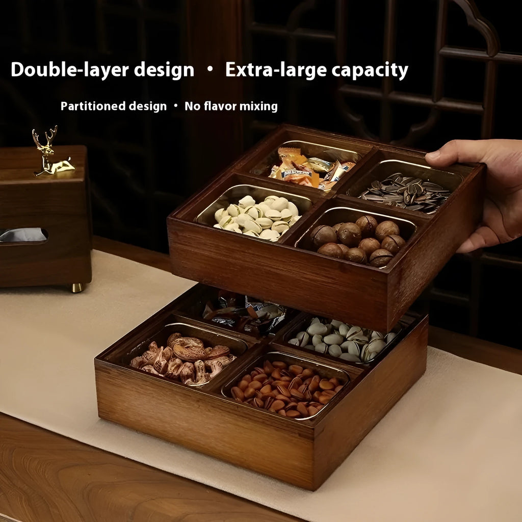 Solid wood acrylic dried fruit box with transparent grids in New Chinese style