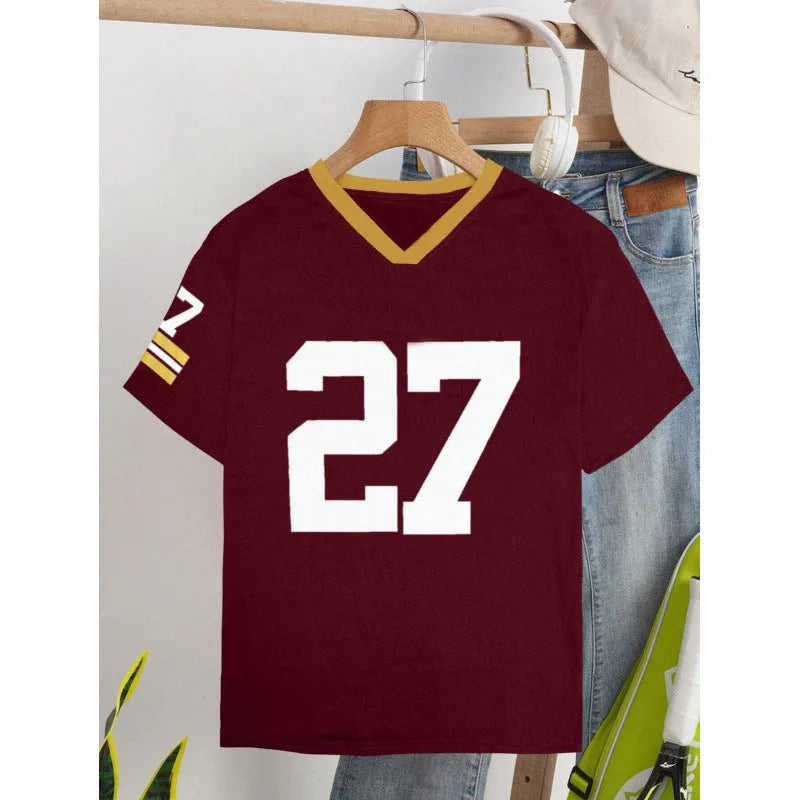 Men's loose fit red T-shirt with a white digital letter print on the front.
